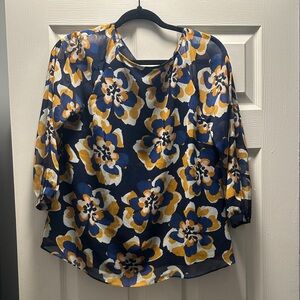 CAbi Navy and Yellow Floral Blouse